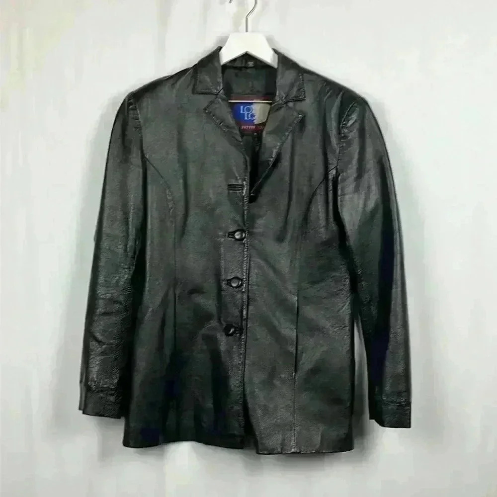 Lobi Lobi Womens Leather Jacket Black M Regular Fit Button Front Pockets Classic